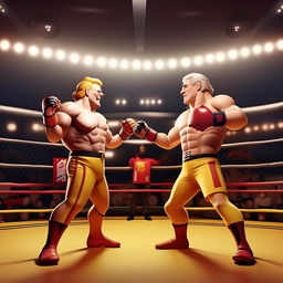 A stylized illustration of Ronald McDonald in an animated combat stance, facing against Joe Rogan, who is also prepared for a UFC-style battle in a professional UFC arena.