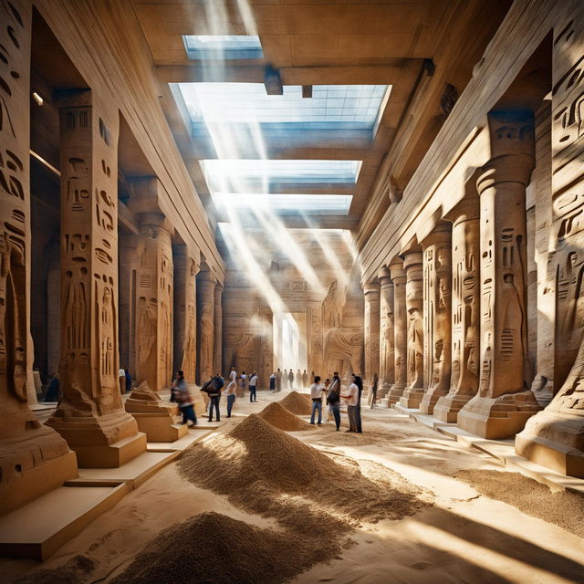 A grand gallery space with towering sandstone columns carved into statues of Egyptian gods, filled with crowds of tiny people under geometric skylights, a floor covered in sand, and a massive sand tornado blurring the image.