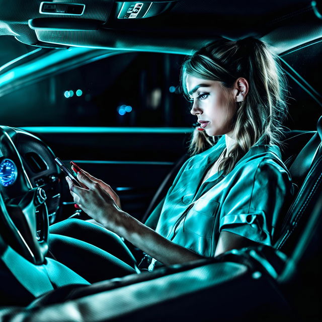 Young woman in a modern car interior, distractedly looking at her smartphone while her hand rests on the steering wheel.