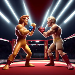 A stylized illustration of Ronald McDonald in an animated combat stance, facing against Joe Rogan, who is also prepared for a UFC-style battle in a professional UFC arena.