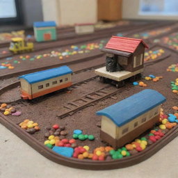 A train station constructed from a variety of round chocolates in vibrant colors, upon which a micro-miniature cat adorns a beautiful cap