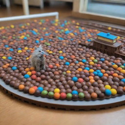 A train station constructed from a variety of round chocolates in vibrant colors, upon which a micro-miniature cat adorns a beautiful cap