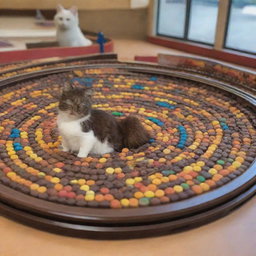 A train station constructed from a variety of round chocolates in vibrant colors, upon which a micro-miniature cat adorns a beautiful cap