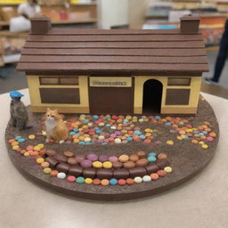 A train station constructed from a variety of round chocolates in vibrant colors, upon which a micro-miniature cat adorns a beautiful cap