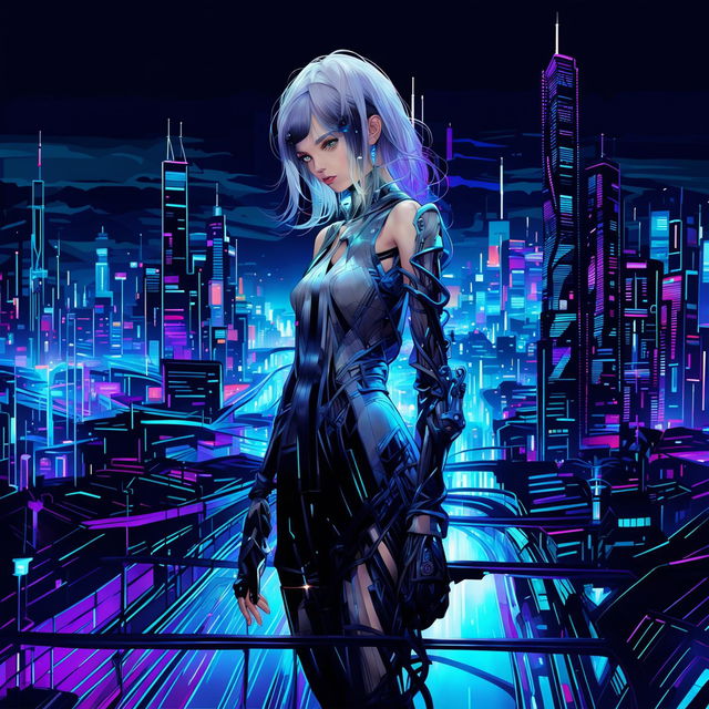 A techno-organic girl with glowing blue eyes and long silver wire hair stands alone in a neon-lit cityscape. A single tear trails down her cheek. Her body is a blend of human and machine, exuding profound sadness yet undeniable beauty.