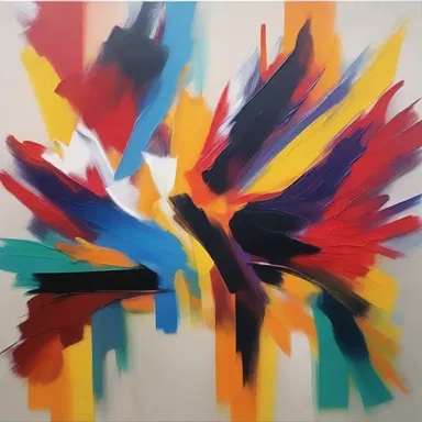 The high-energy colors and brushstrokes in the abstract painting convey a sense of excitement and movement.