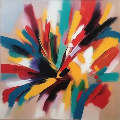 The high-energy colors and brushstrokes in the abstract painting convey a sense of excitement and movement.