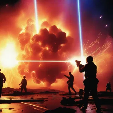 In the high-energy battle scene of the science fiction movie, the lasers and explosions were intense and visually stunning.