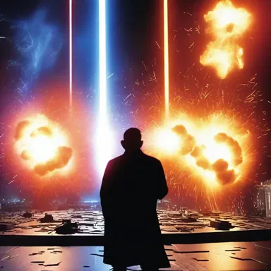 In the high-energy battle scene of the science fiction movie, the lasers and explosions were intense and visually stunning.