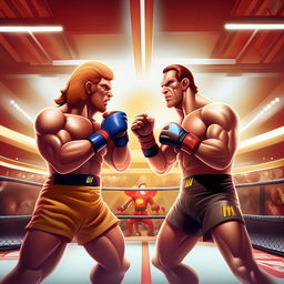 A stylized illustration of Ronald McDonald in an animated combat stance, facing against Joe Rogan, who is also prepared for a UFC-style battle in a professional UFC arena.