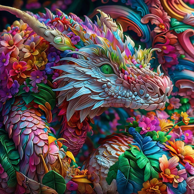 A hyper-realistic 3D rococo dragon with a vibrant flower aesthetic, bursting with a myriad of colors.