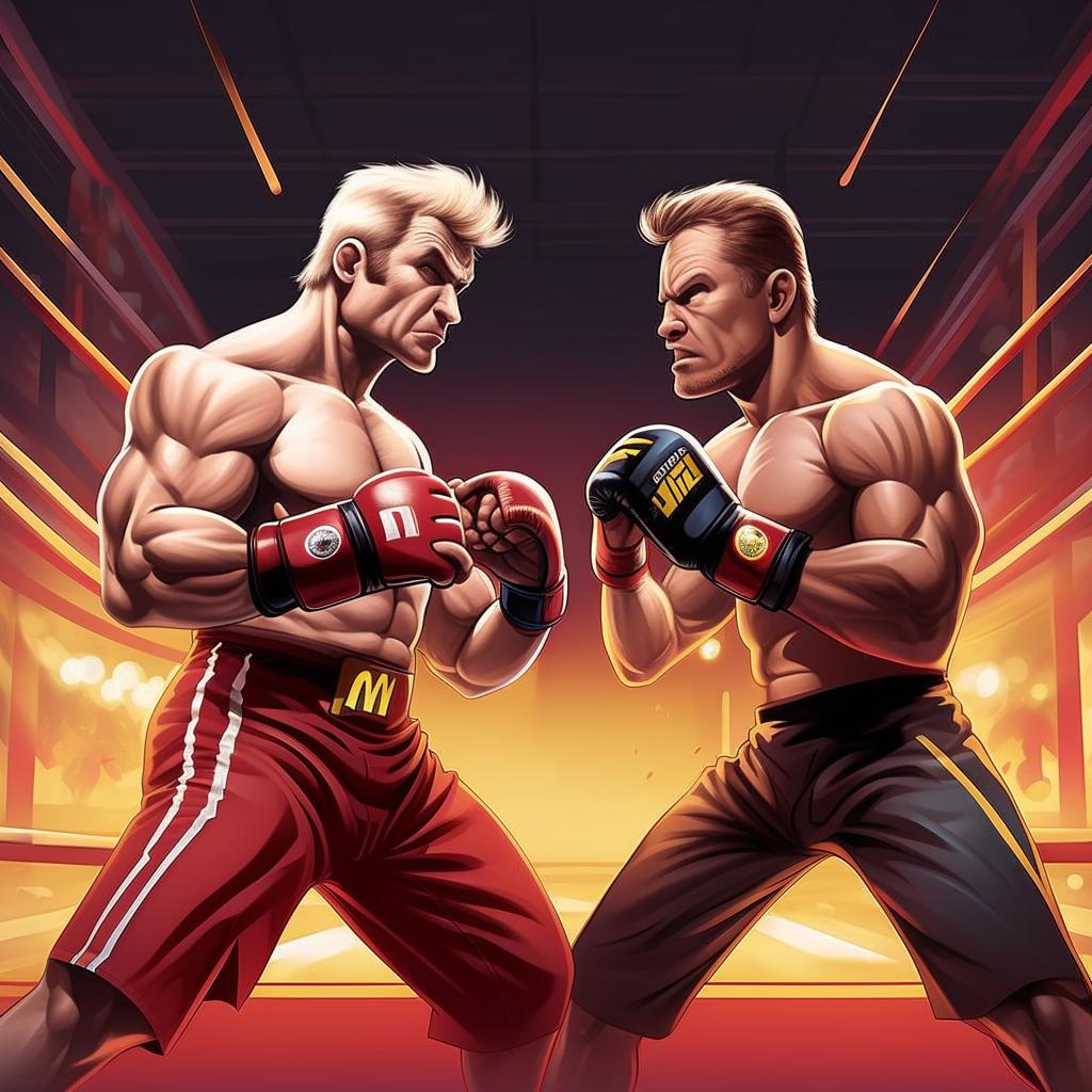 A stylized illustration of Ronald McDonald in an animated combat stance, facing against Joe Rogan, who is also prepared for a UFC-style battle in a professional UFC arena.