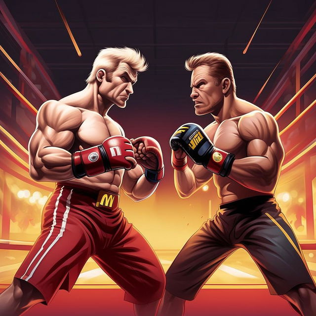 A stylized illustration of Ronald McDonald in an animated combat stance, facing against Joe Rogan, who is also prepared for a UFC-style battle in a professional UFC arena.