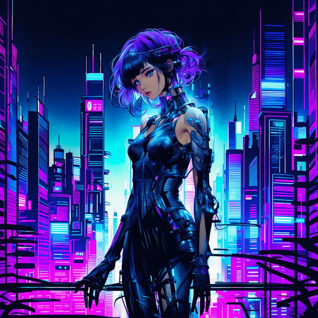 A techno-organic girl with glowing blue eyes stands alone in a neon-lit cityscape. Her body is a blend of human and machine, with sleek metallic limbs and silver wire hair. She exudes a profound sadness yet undeniable beauty.