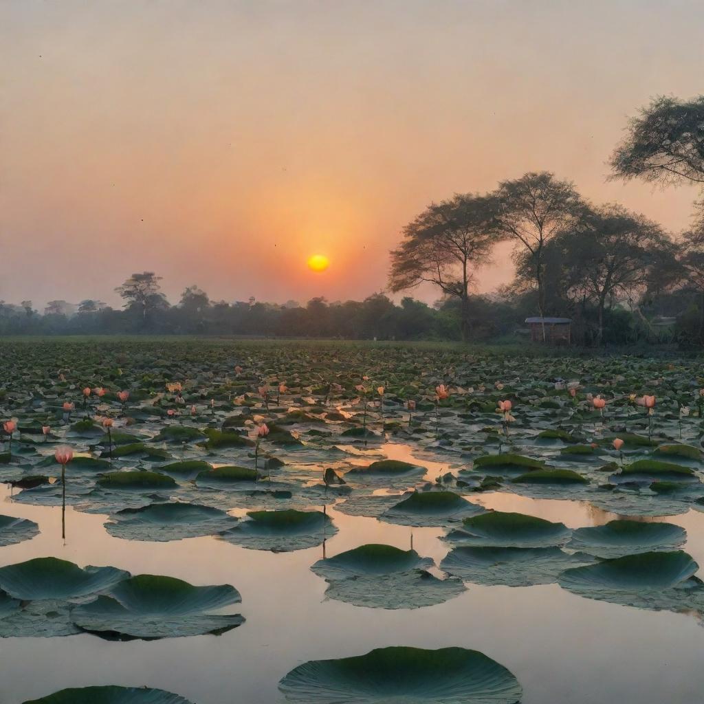 A serene lotus pond in the evening with an orange sunset