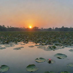 A serene lotus pond in the evening with an orange sunset