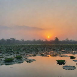 A serene lotus pond in the evening with an orange sunset