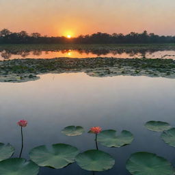 A serene lotus pond in the evening with an orange sunset