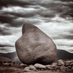 An imposing, larger than life figure known as 'the boulder', with a physique that mimics a mountain range, standing tall against a backdrop of a dramatic sky.