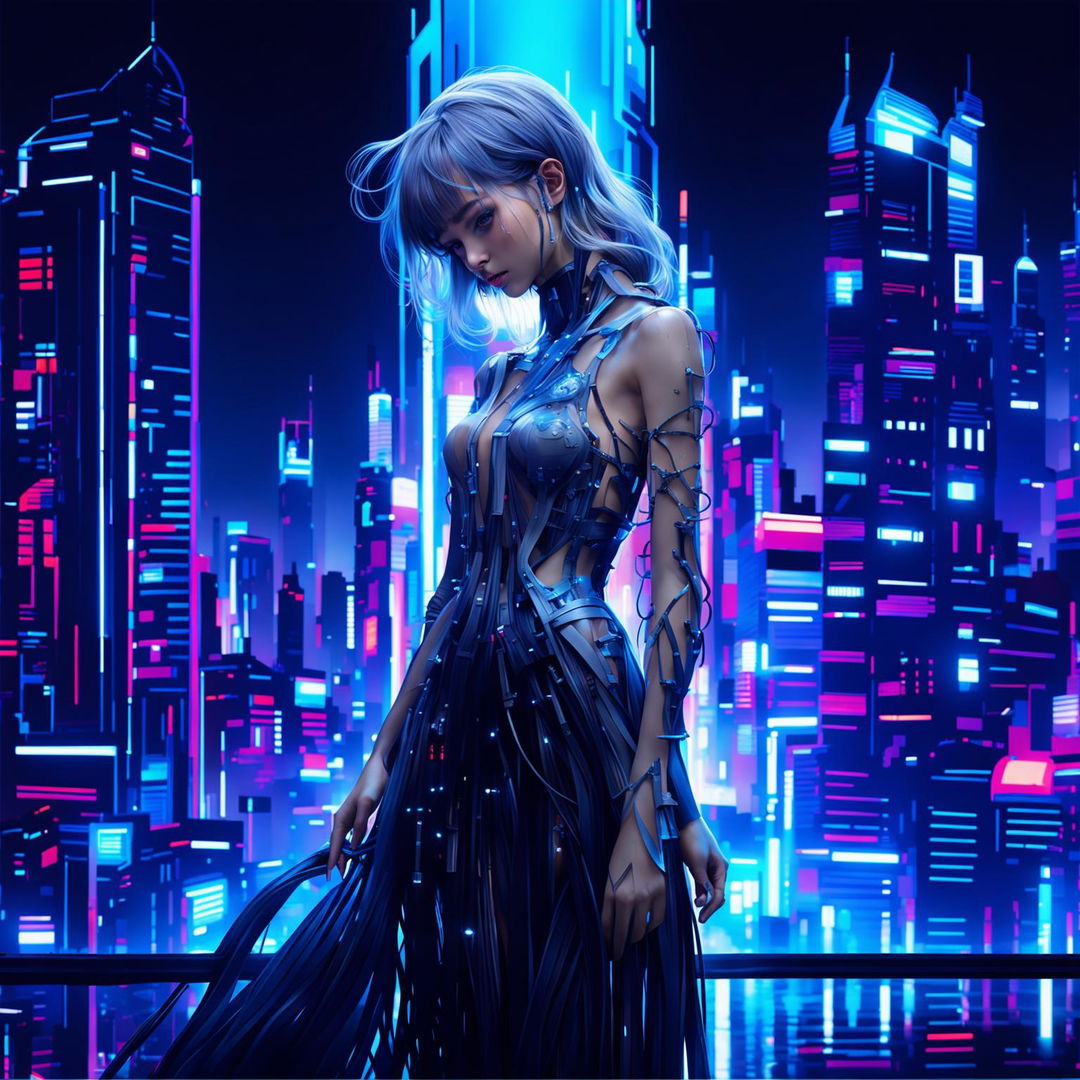 A hyper-realistic image of a techno-organic girl with glowing blue eyes standing alone in a neon-lit cityscape. Her body is a blend of human and machine, with sleek metallic limbs and silver wire hair. She exudes a profound sadness yet undeniable beauty.