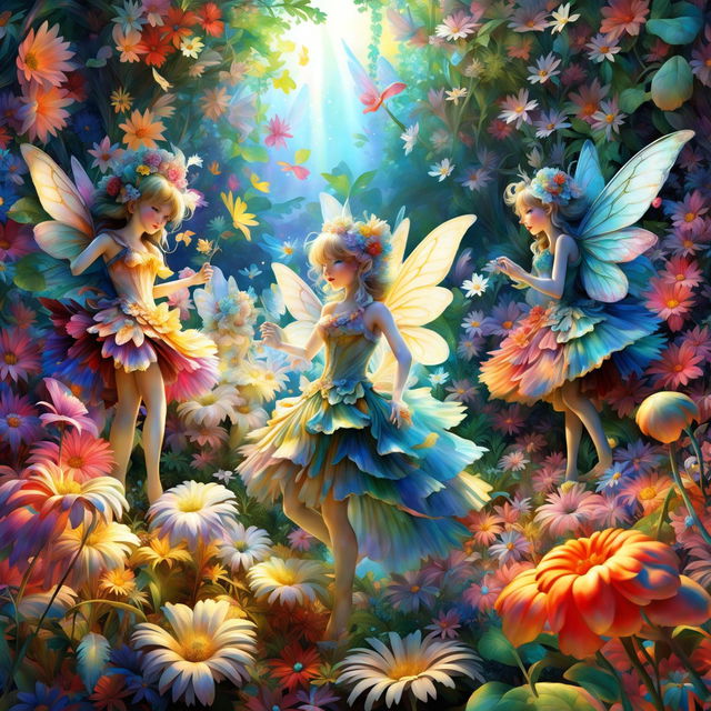 Hyper-realistic digital art of Rococo fairies frolicking in a vibrant garden with sunlight filtering through trees.