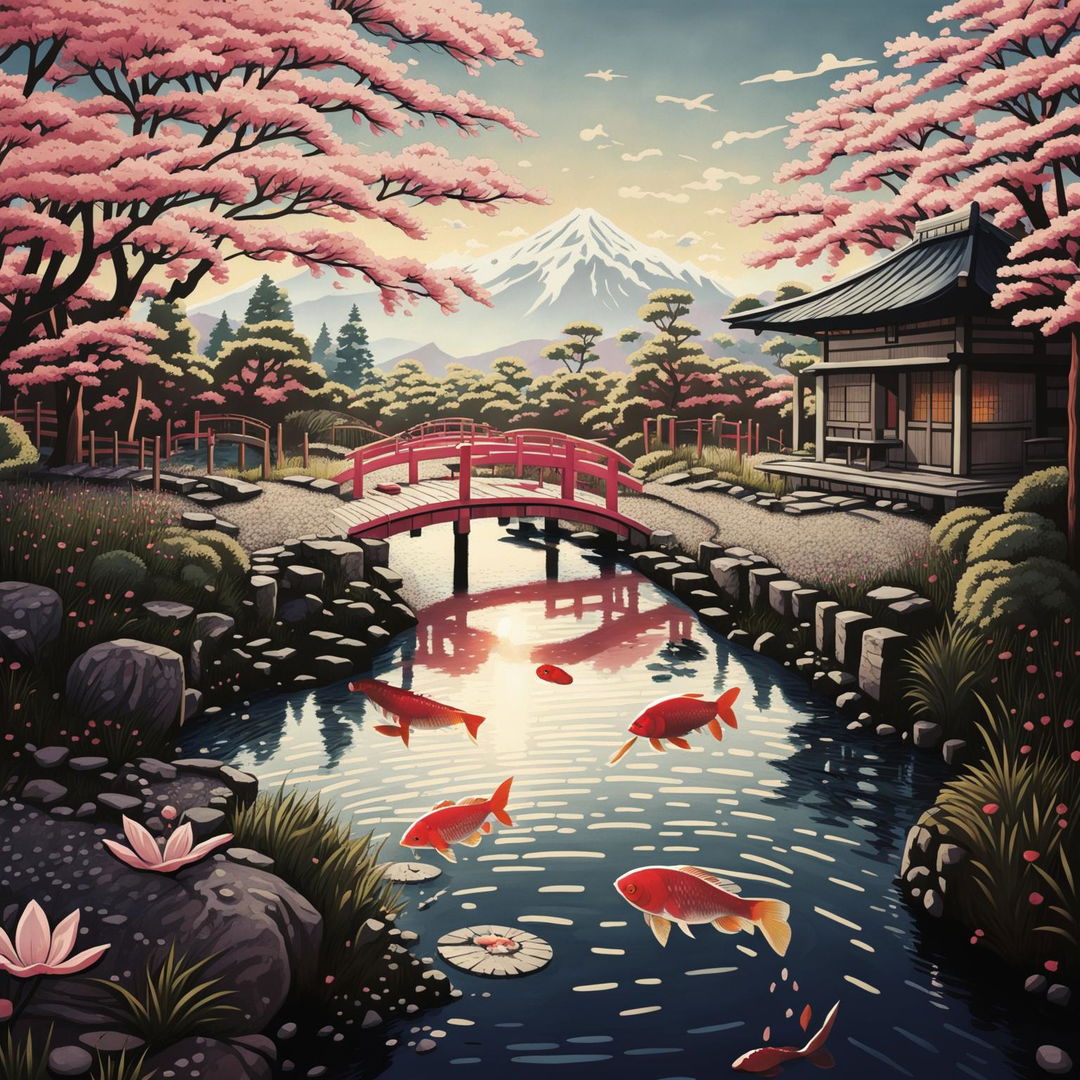 Digital art of a tranquil Japanese garden with cherry blossoms, a koi pond, a Shinto shrine, and Mount Fuji in the distance.