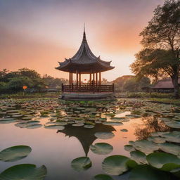 A serene lotus pond in the evening, enriched with Thai elements such as a traditional Thai pavilion, under an orange sunset