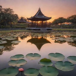 A serene lotus pond in the evening, enriched with Thai elements such as a traditional Thai pavilion, under an orange sunset