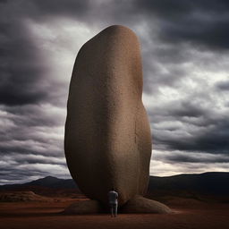 An imposing, larger than life figure known as 'the boulder', with a physique that mimics a mountain range, standing tall against a backdrop of a dramatic sky.