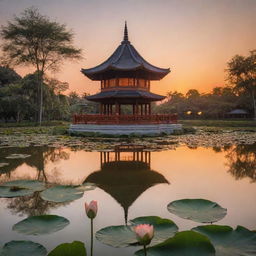 A serene lotus pond in the evening, enriched with Thai elements such as a traditional Thai pavilion, under an orange sunset