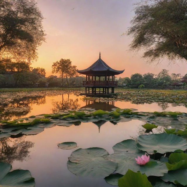 A serene lotus pond in the evening, enriched with Thai elements such as a traditional Thai pavilion, under an orange sunset