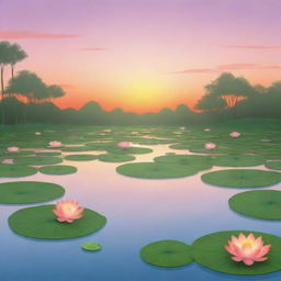 A cartoon style serene lotus pond in the evening with an orange sunset