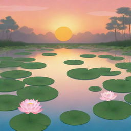 A cartoon style serene lotus pond in the evening with an orange sunset