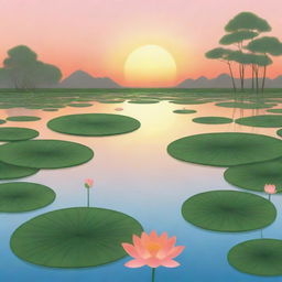 A cartoon style serene lotus pond in the evening with an orange sunset