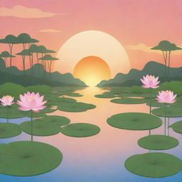 A cartoon style serene lotus pond in the evening with an orange sunset