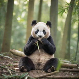 A charming and delightfully cute panda munching on bamboo in its natural forest habitat under dappled sunlight.