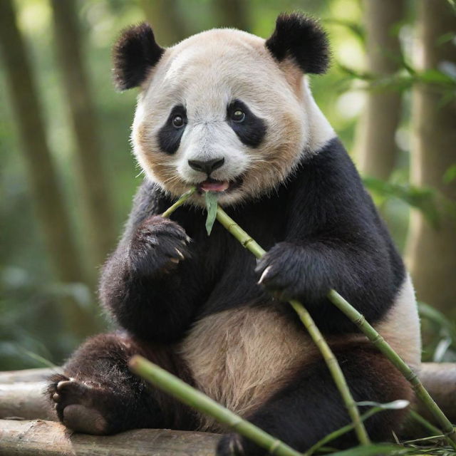 A charming and delightfully cute panda munching on bamboo in its natural forest habitat under dappled sunlight.