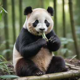 A charming and delightfully cute panda munching on bamboo in its natural forest habitat under dappled sunlight.