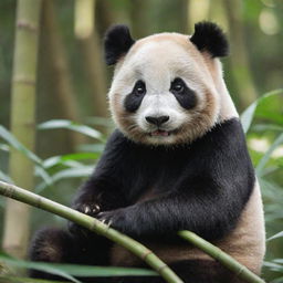 A charming and delightfully cute panda munching on bamboo in its natural forest habitat under dappled sunlight.