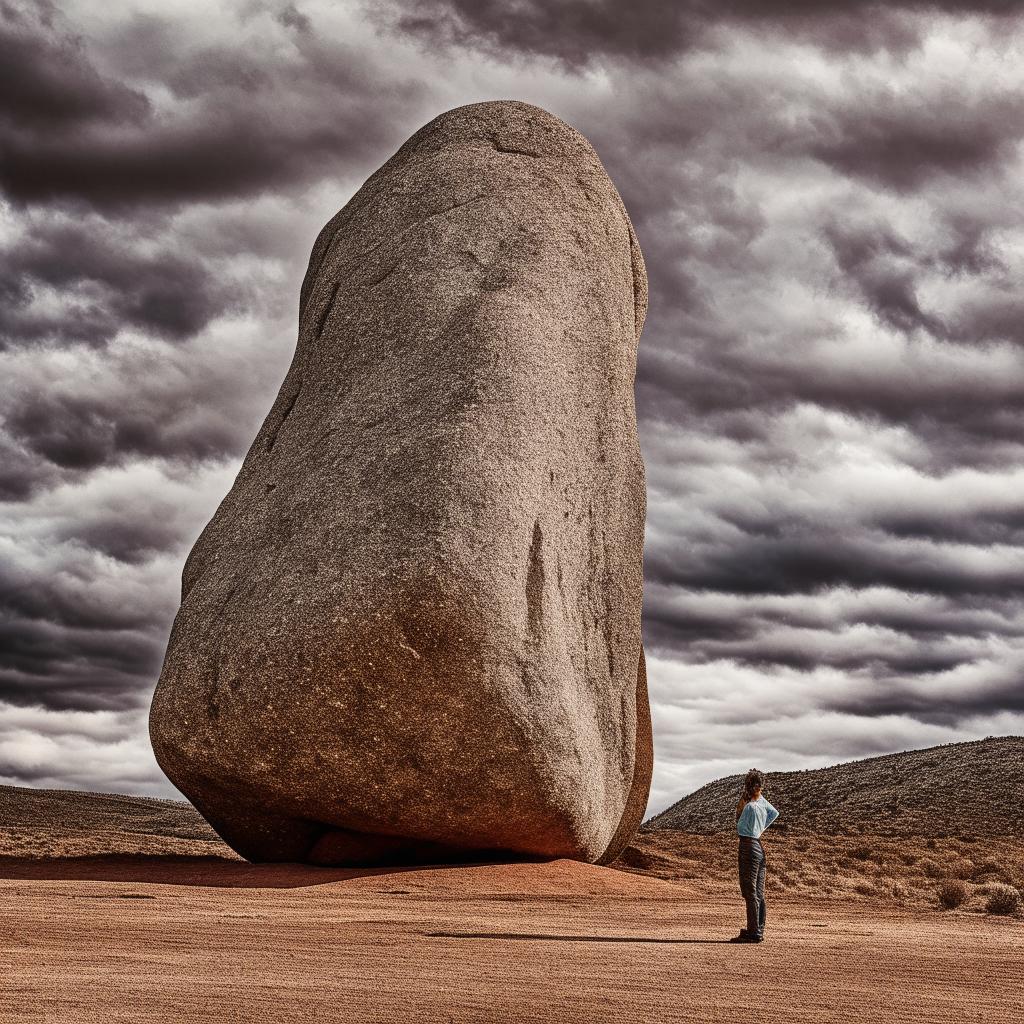 An imposing, larger than life figure known as 'the boulder', with a physique that mimics a mountain range, standing tall against a backdrop of a dramatic sky.