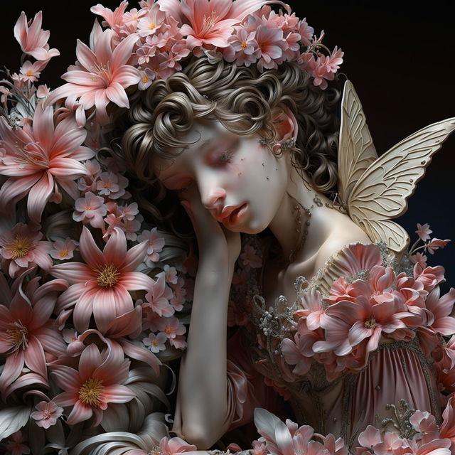 A hyper-realistic 3D Rococo fairy in a state of sadness, surrounded by a floral aesthetic that mirrors her sorrow.