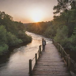 Capture a breathtaking moment, with a person standing on a weathered bridge overlooking a slow-rolling river at sunset.