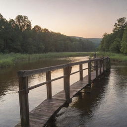 Capture a breathtaking moment, with a person standing on a weathered bridge overlooking a slow-rolling river at sunset.