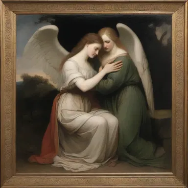 The painting depicted a scene of a weeping woman being relieved of her sorrow by a comforting angel.