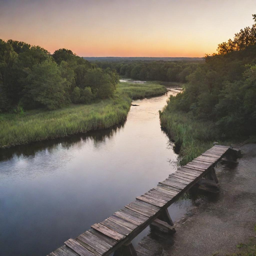 Capture a breathtaking moment, with a person standing on a weathered bridge overlooking a slow-rolling river at sunset.