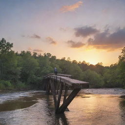 Capture a breathtaking moment, with a person standing on a weathered bridge overlooking a slow-rolling river at sunset.