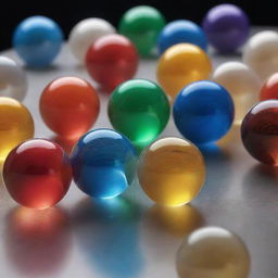 A detailed and realistic image of marbles, glistening under soft light