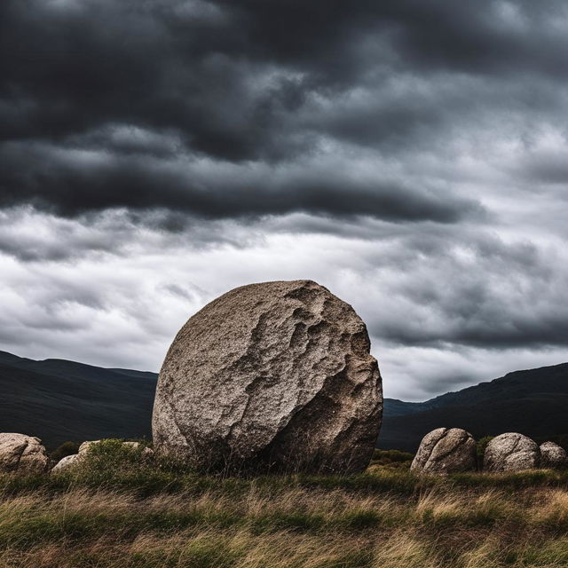 An imposing, larger than life figure known as 'the boulder', with a physique that mimics a mountain range, standing tall against a backdrop of a dramatic sky.