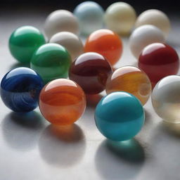 A detailed and realistic image of marbles, glistening under soft light