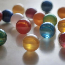 A detailed and realistic image of marbles, glistening under soft light